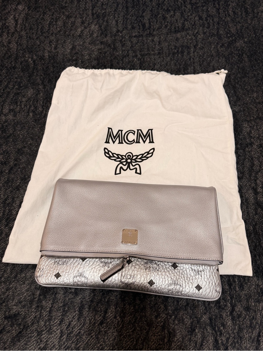 MCM Silver Metallic Pebbled Fold-Over Clutch Crossbody